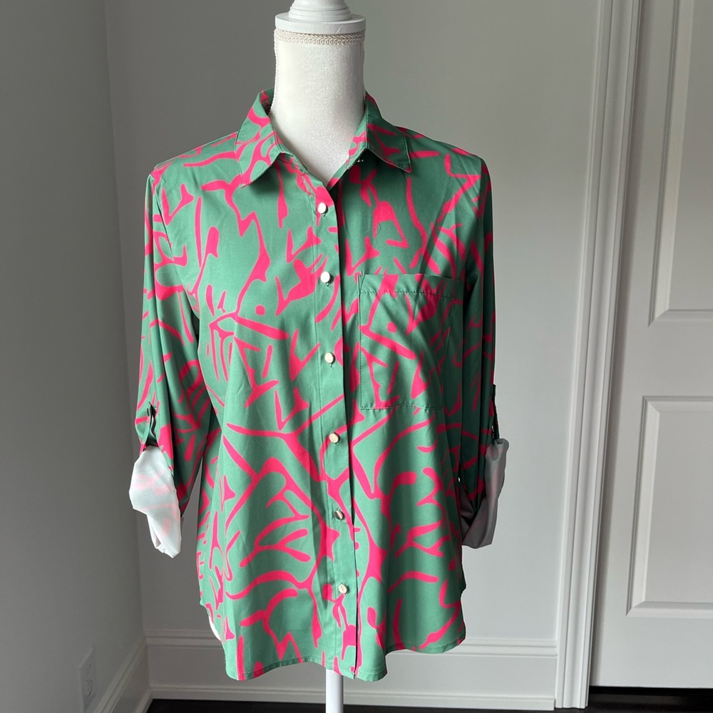 Green and Pink Button-Up Shirt